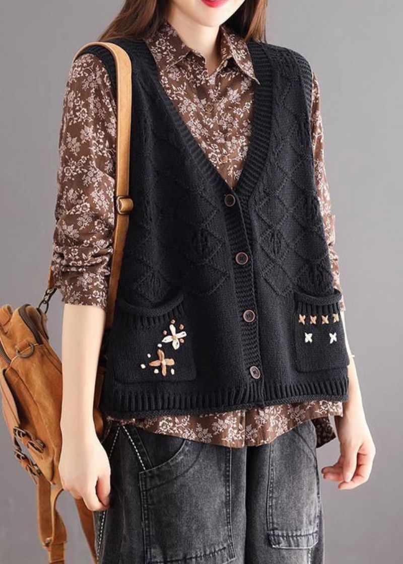 Zwart Geknoopt Patchwork Gezellig Katoenen Gebreid Vest Met V-hals Herfst - Dames cardigans