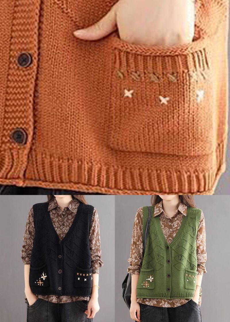 Zwart Geknoopt Patchwork Gezellig Katoenen Gebreid Vest Met V-hals Herfst - Dames cardigans