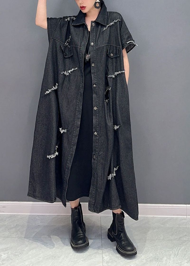 Zwarte Oversized Katoenen Gescheurde Denim Lange Shirts Met Korte Mouwen En Kwastjes