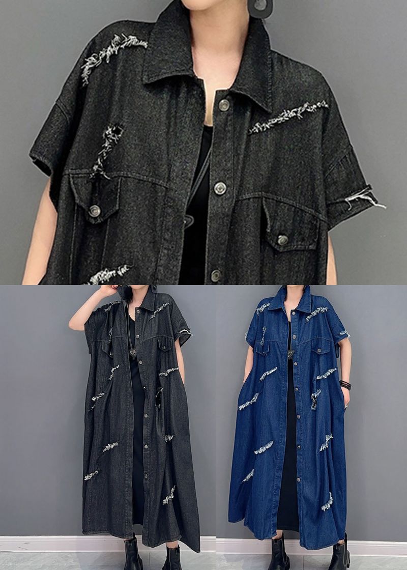 Zwarte Oversized Katoenen Gescheurde Denim Lange Shirts Met Korte Mouwen En Kwastjes - Dames cardigans