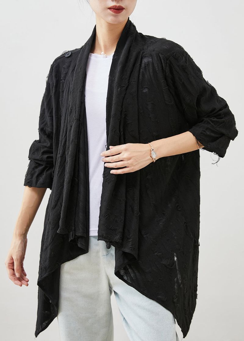 Zwarte Oversized Katoenen Gescheurde Vesten Asymmetrische Lente - Dames cardigans