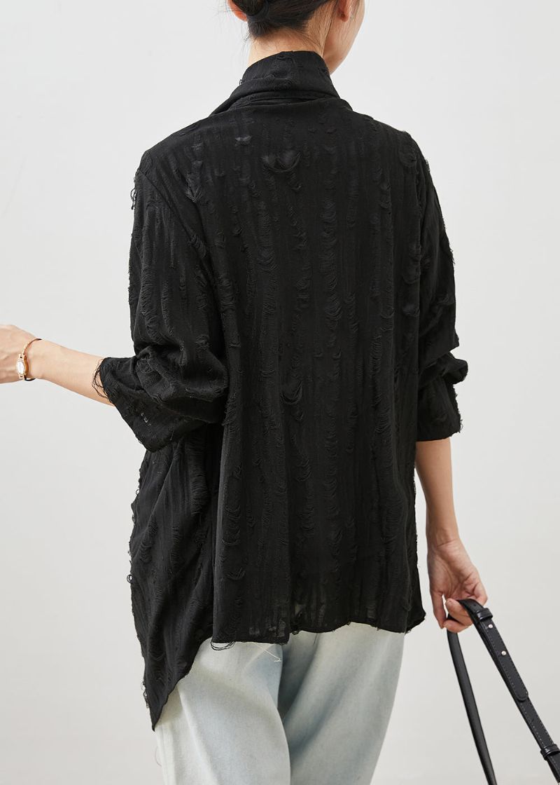 Zwarte Oversized Katoenen Gescheurde Vesten Asymmetrische Lente - Dames cardigans