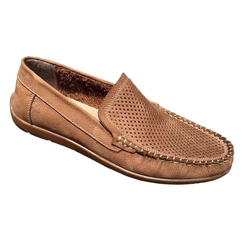 Ademende Holle Lederen Loafers Zomer Herenschoenen Comfortabele Zachte Bodem Casual Schoenen Heren Instapper Platte - Bruin