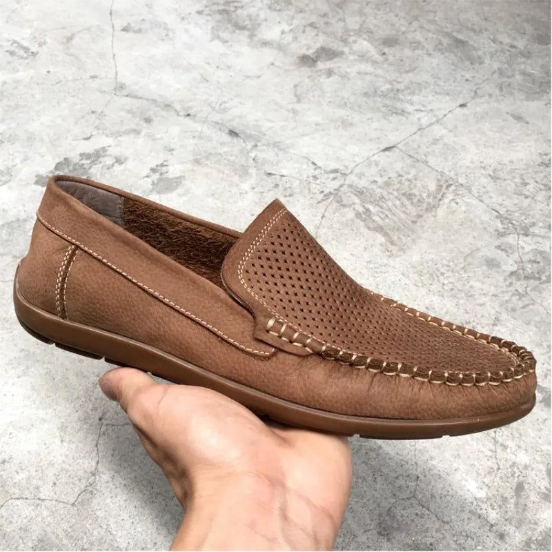 Ademende Holle Lederen Loafers Zomer Herenschoenen Comfortabele Zachte Bodem Casual Schoenen Heren Instapper Platte - Bruin