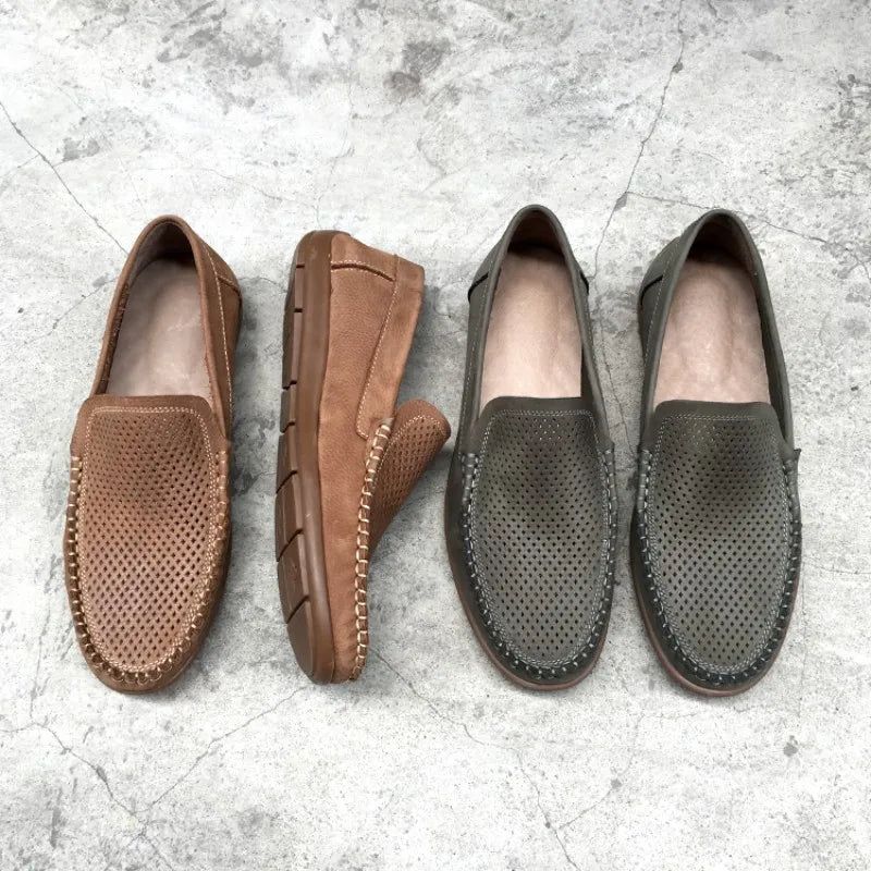 Ademende Holle Lederen Loafers Zomer Herenschoenen Comfortabele Zachte Bodem Casual Schoenen Heren Instapper Platte - Bruin