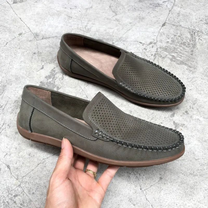 Ademende Holle Lederen Loafers Zomer Herenschoenen Comfortabele Zachte Bodem Casual Schoenen Heren Instapper Platte - Bruin