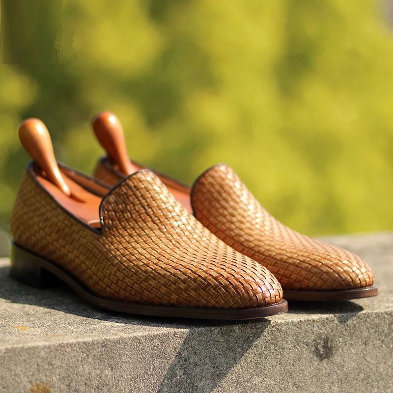 Handgemaakte Loafer Geweven Gebreide Leren Zool Schoenen Voor Mannen Sociale Schoen Mannelijke Klassieke Elegante Heren - Bruin