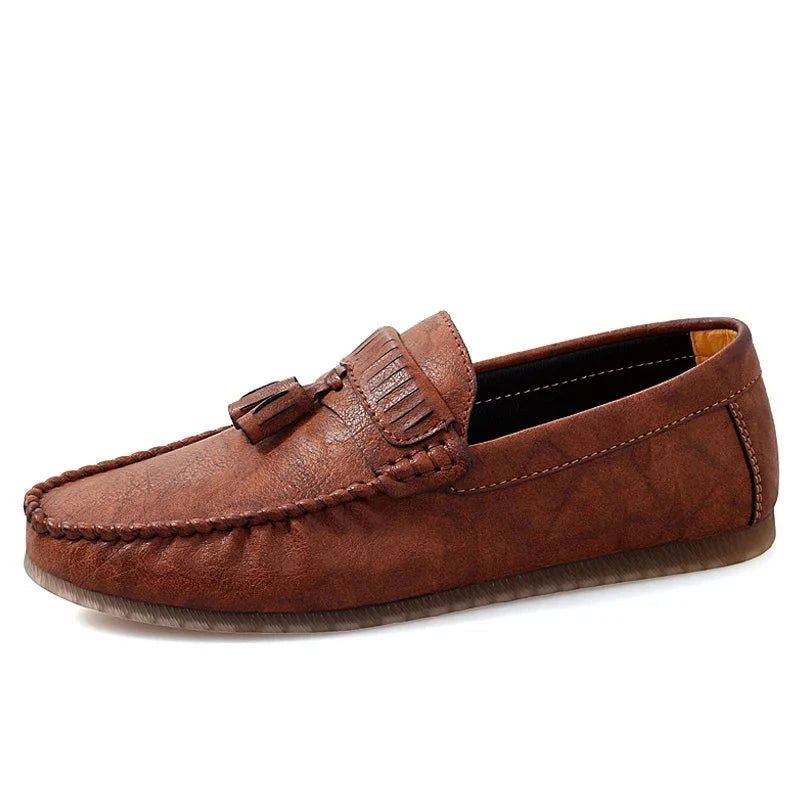 Lederen Heren Loafers Herenschoenen Handgemaakte Kwast Slip Op Plat - Zwart