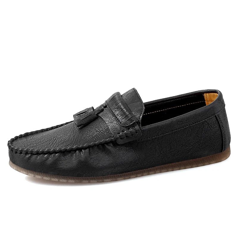 Lederen Heren Loafers Herenschoenen Handgemaakte Kwast Slip Op Plat - Zwart