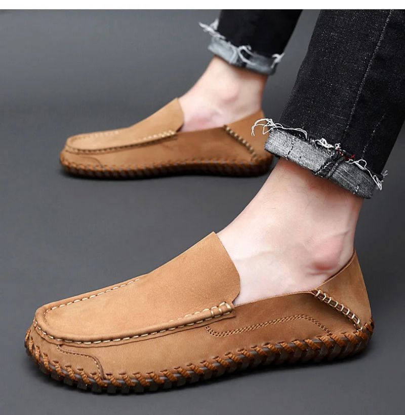 Zomer Heren Casual Instappers Leren Schoenen Zachte Comfortschoenen Loafers - Kaki