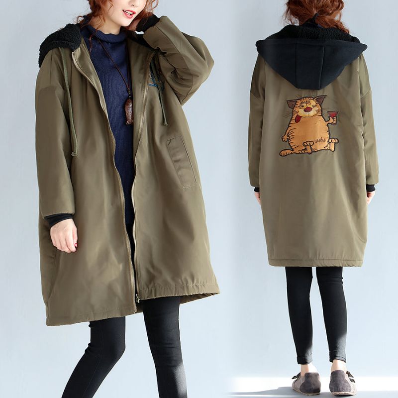 2024 Groene Plus Size Katoenen Dikke Jassen Cartoon Prints Warme Trenchcoats Met Ritssluiting En