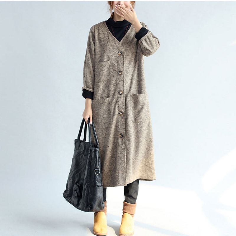 2024 Vintage Kaki Katoenen Lange Vesten Met Zakken Oversized Trenchcoats Met Mouwen - Dames trenchcoats