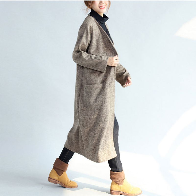 2024 Vintage Kaki Katoenen Lange Vesten Met Zakken Oversized Trenchcoats Met Mouwen - Dames trenchcoats