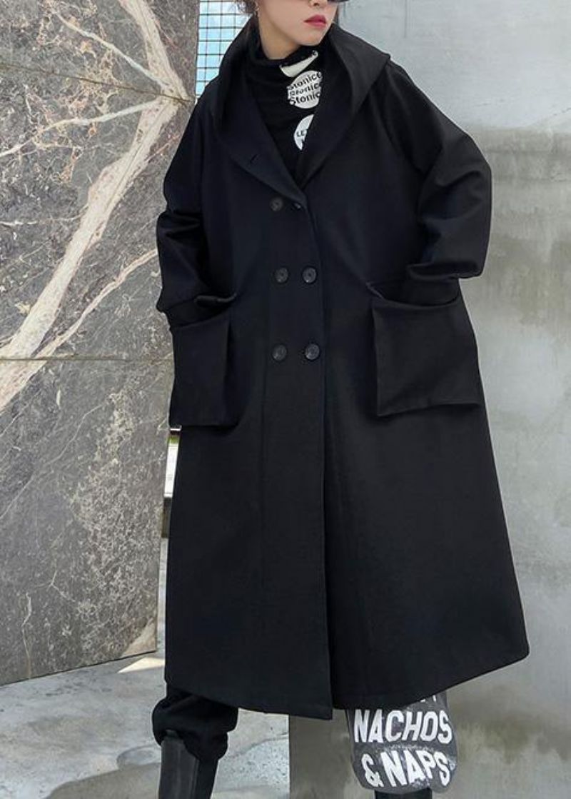 Art Black Fijne Uitloperjas Met Dubbele Borst En Uitlopers Met Capuchon - Dames trenchcoats