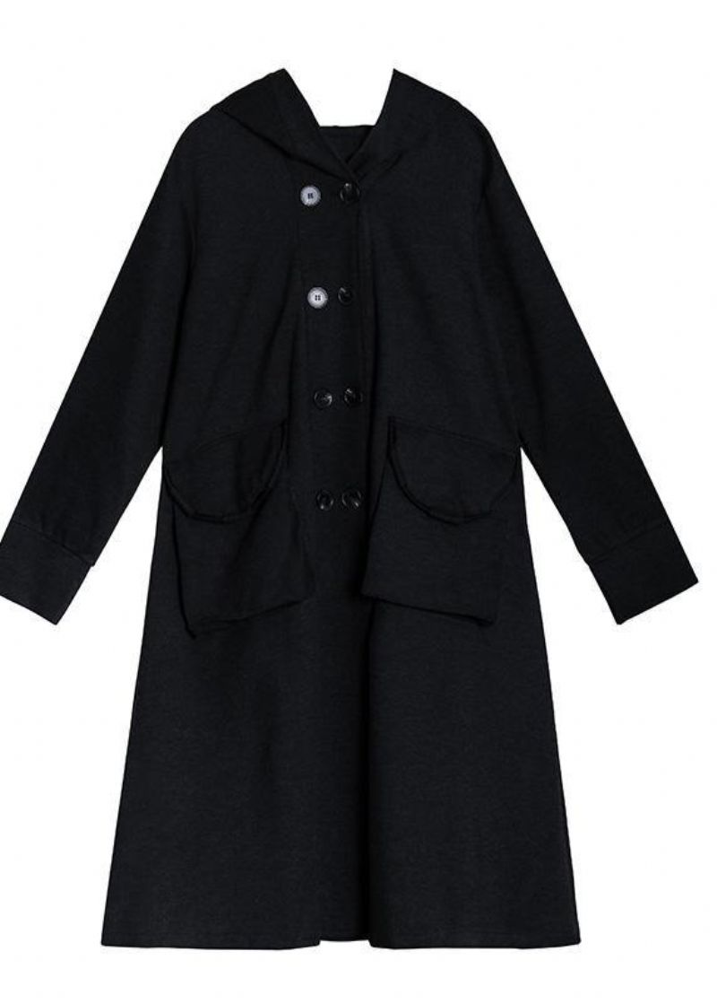 Art Black Fijne Uitloperjas Met Dubbele Borst En Uitlopers Met Capuchon - Dames trenchcoats