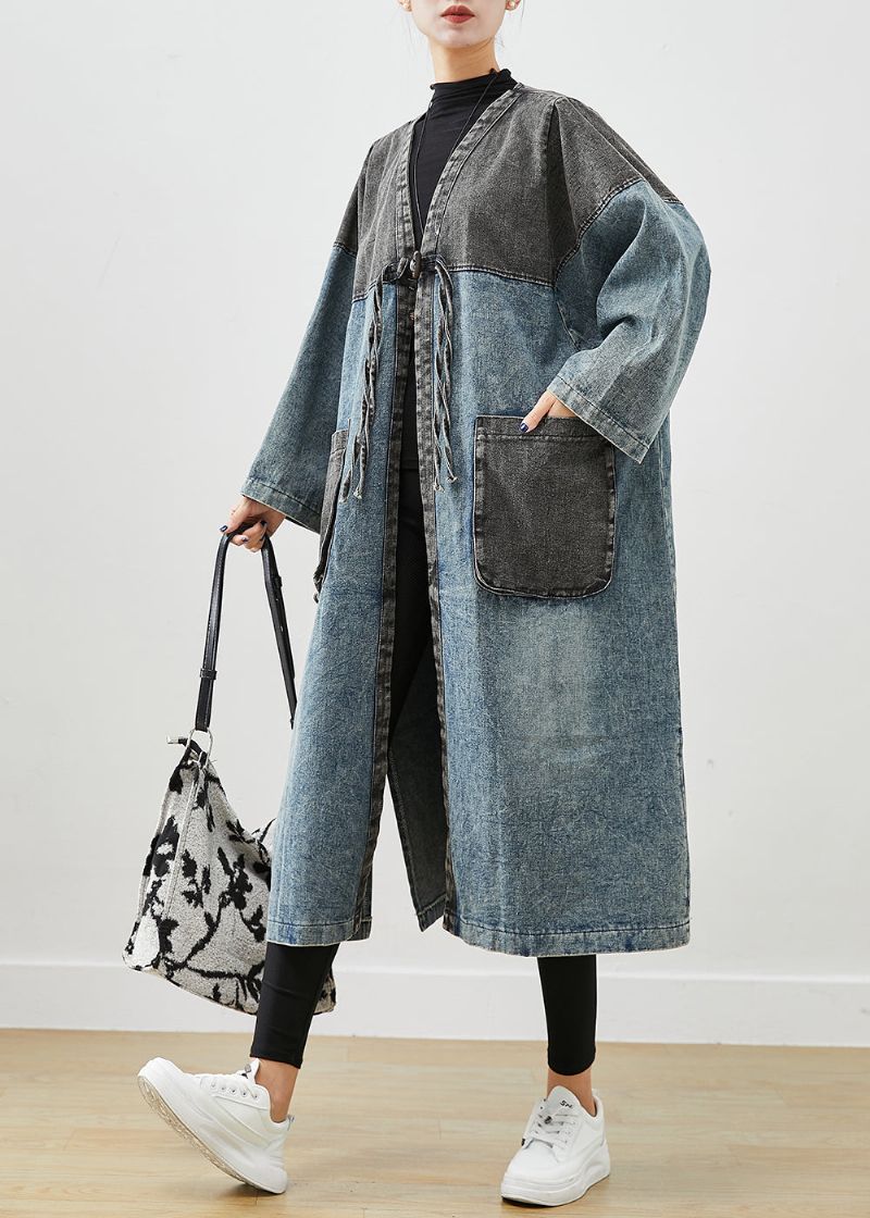 Art Blue Oversized Denim Vest Met Veters En Herfst - Dames trenchcoats