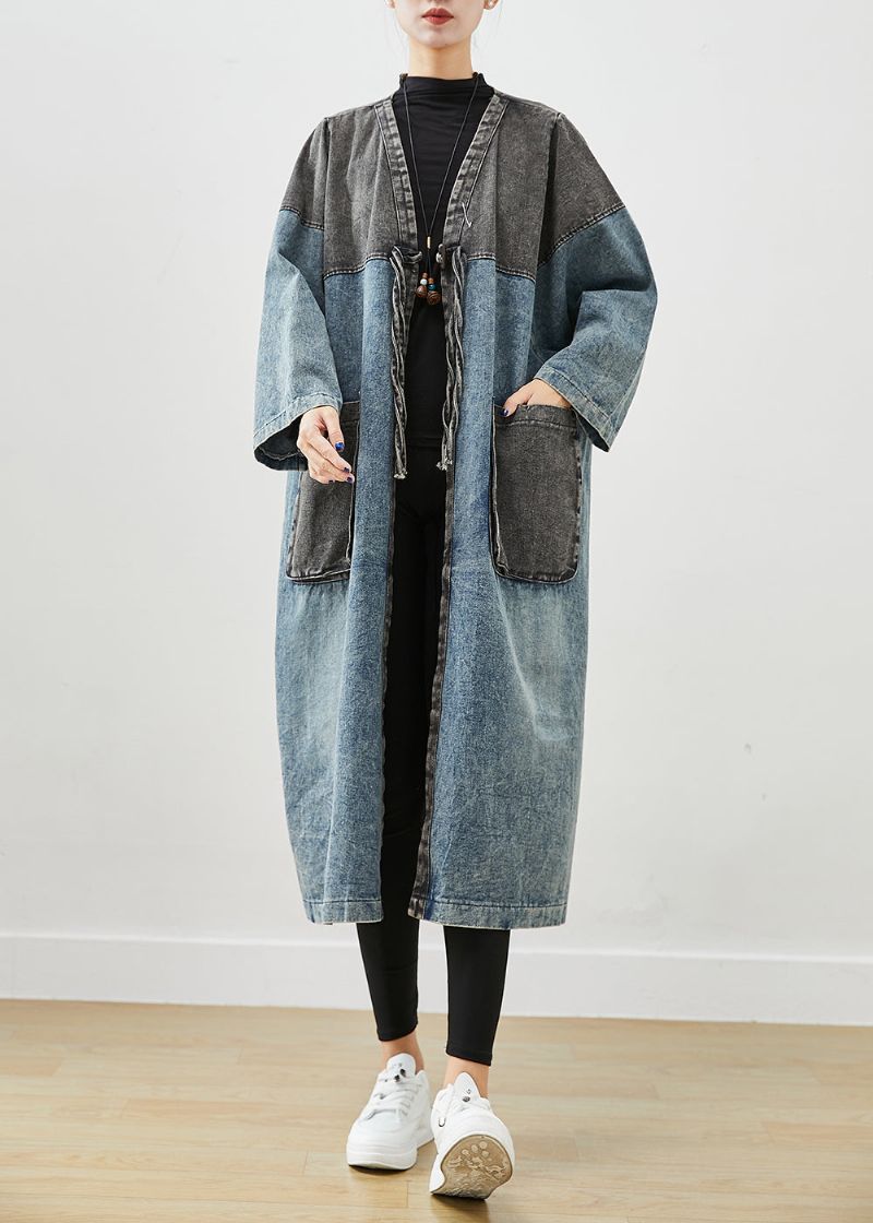 Art Blue Oversized Denim Vest Met Veters En Herfst - Dames trenchcoats