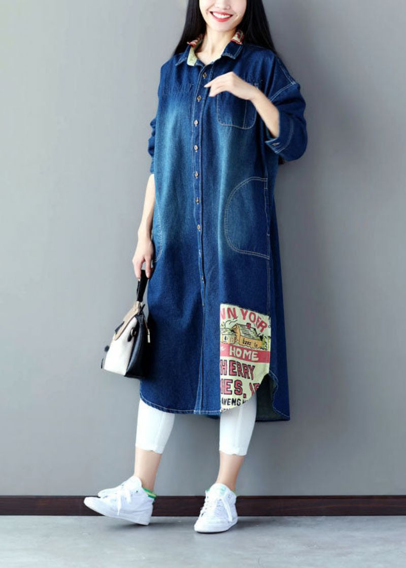 Art Blue Oversized Patchwork Appliqué Katoen Denim Trench Lente