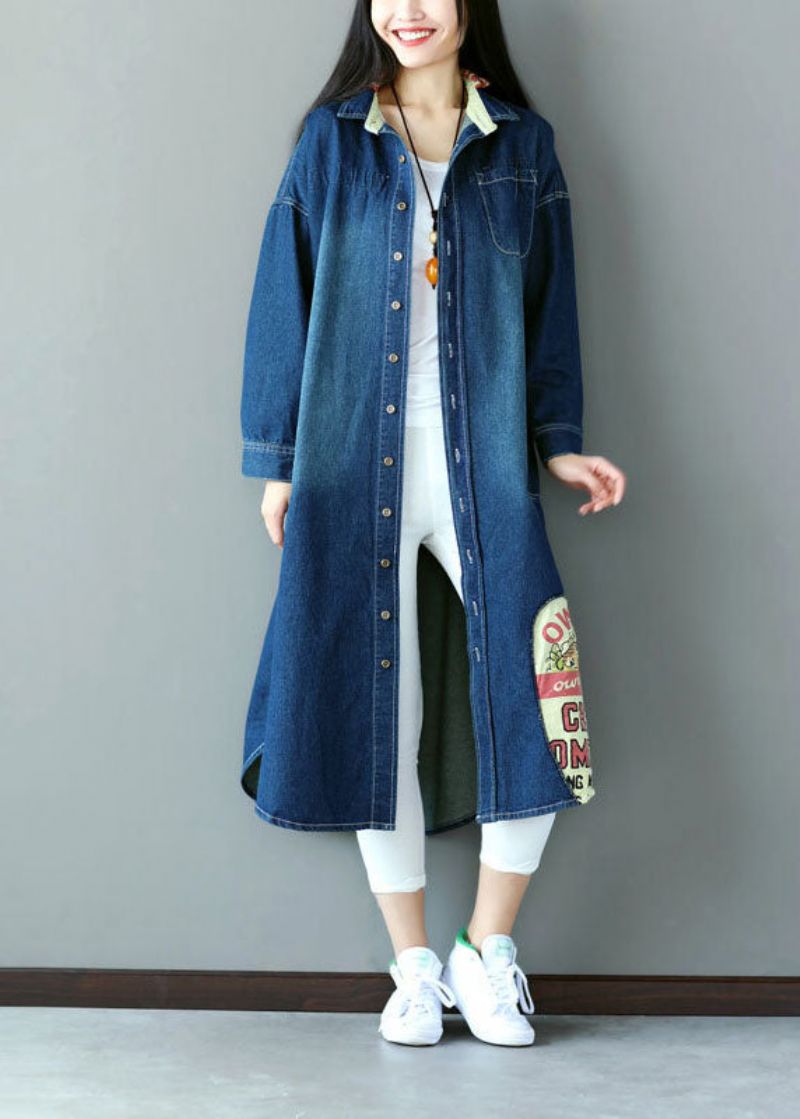 Art Blue Oversized Patchwork Appliqué Katoen Denim Trench Lente - Dames trenchcoats