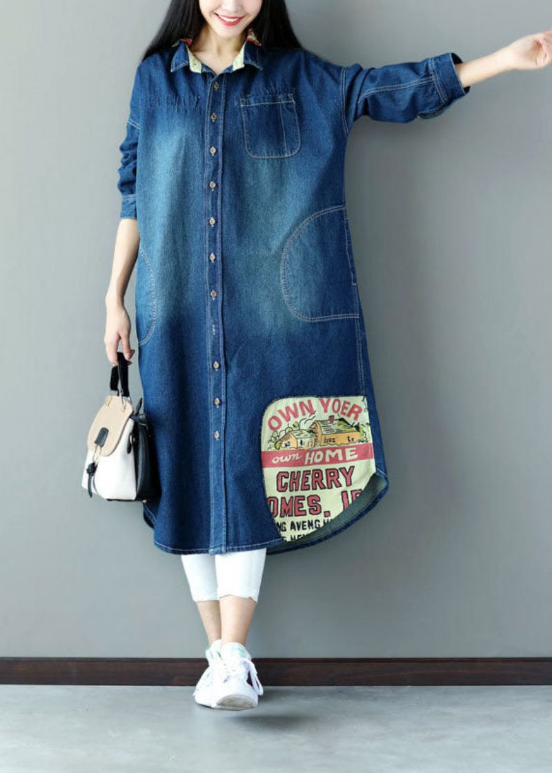 Art Blue Oversized Patchwork Appliqué Katoen Denim Trench Lente - Dames trenchcoats