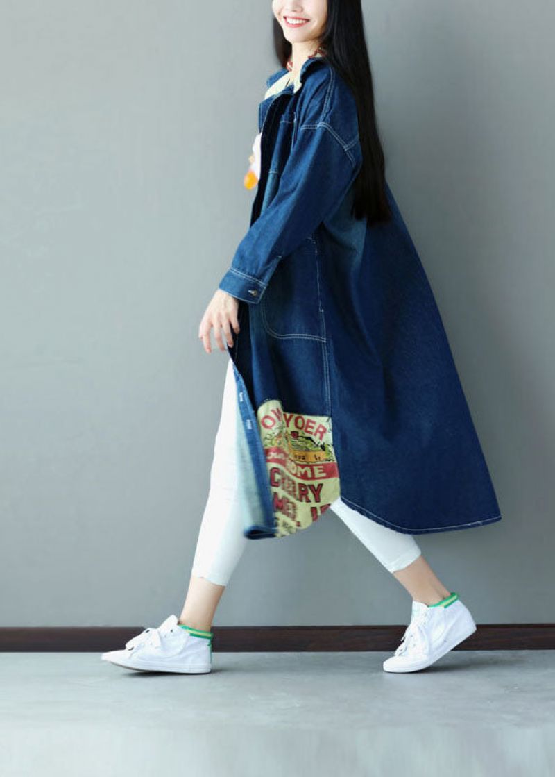 Art Blue Oversized Patchwork Appliqué Katoen Denim Trench Lente - Dames trenchcoats