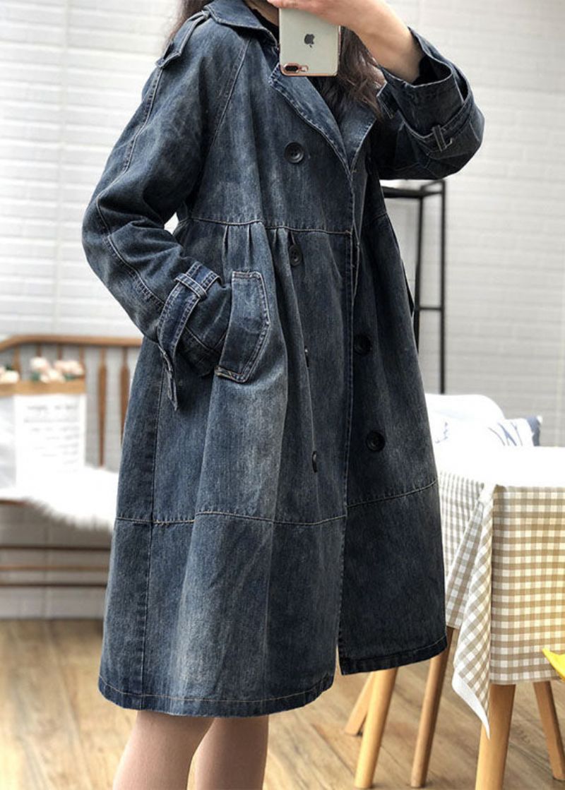 Art Blue Peter Pan Kraag Zakken Knoop Herfst Denim Trenchcoats Jas - Dames trenchcoats