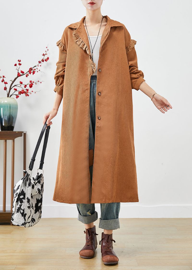 Art Kaki Gegolfde Patchwork Asymmetrische Corduroy Trenchcoat Herfst