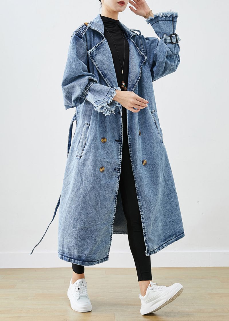 Art Lichtblauwe Revers Denim Trenchcoats Met Dubbele Rij Knopen Herfst