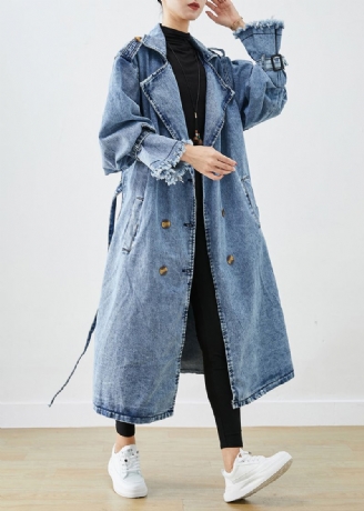 Art Lichtblauwe Revers Denim Trenchcoats Met Dubbele Rij Knopen Herfst