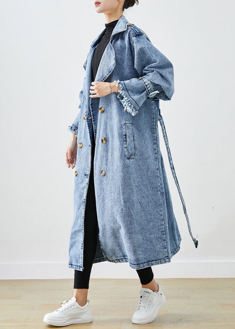 Art Lichtblauwe Revers Denim Trenchcoats Met Dubbele Rij Knopen Herfst - Dames trenchcoats