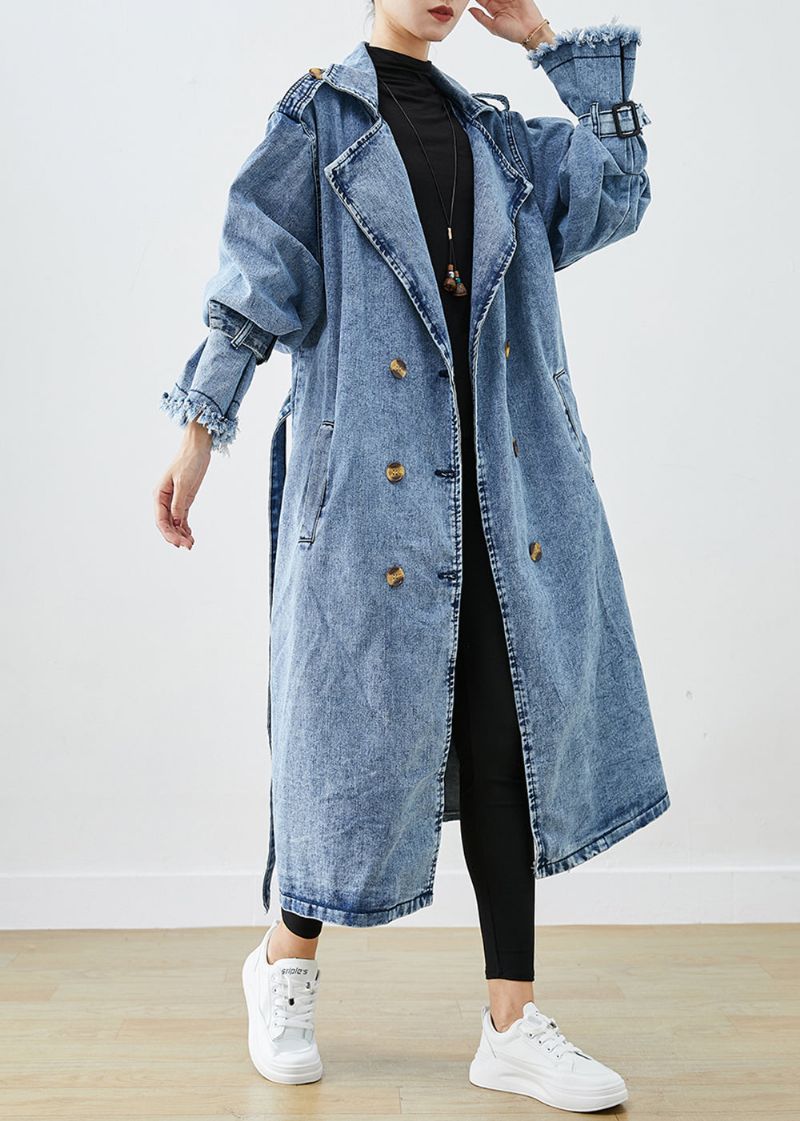 Art Lichtblauwe Revers Denim Trenchcoats Met Dubbele Rij Knopen Herfst - Dames trenchcoats