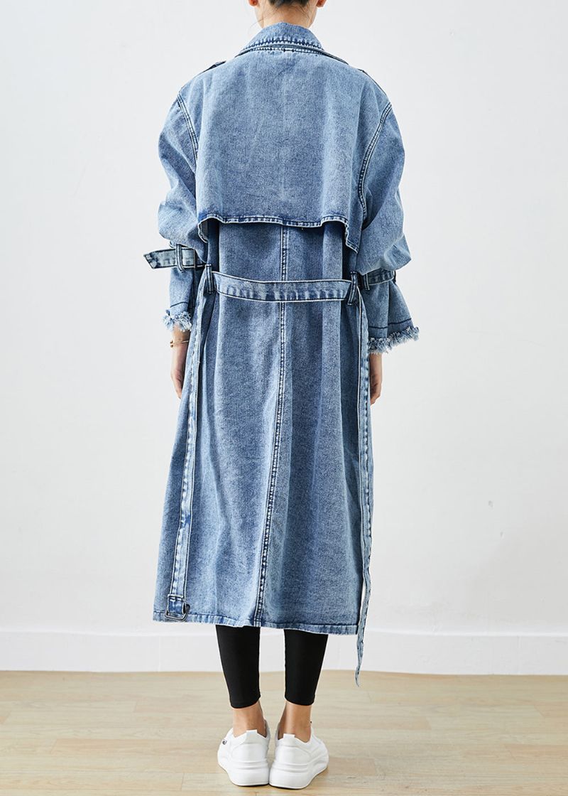 Art Lichtblauwe Revers Denim Trenchcoats Met Dubbele Rij Knopen Herfst - Dames trenchcoats