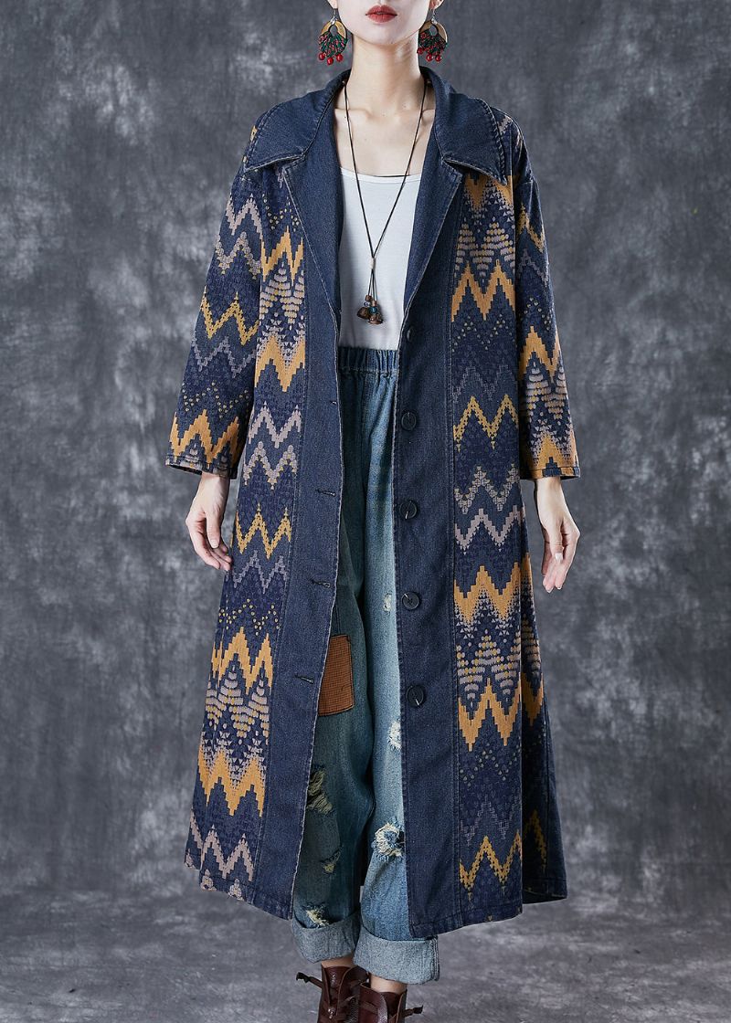 Art Navy Oversized Denim Jas Met Print Uitloper Herfst