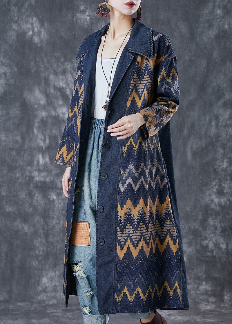 Art Navy Oversized Denim Jas Met Print Uitloper Herfst - Dames trenchcoats