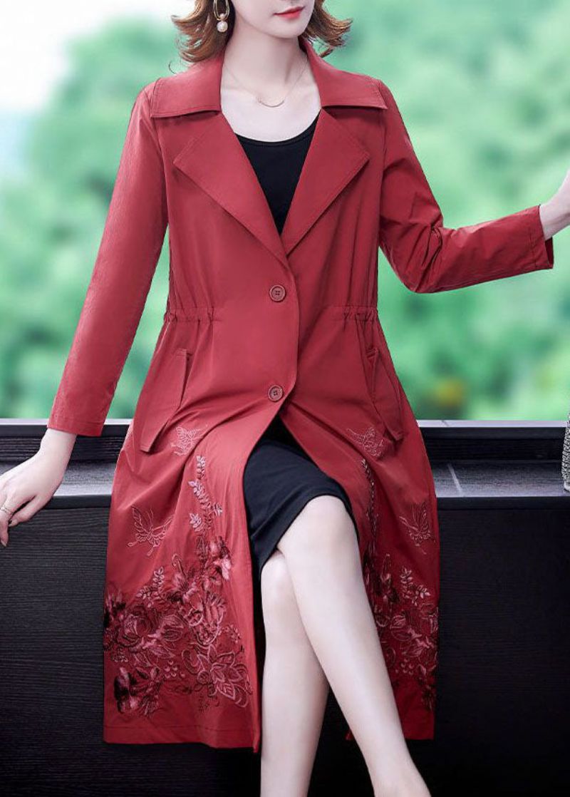 Art Red Ingekerfde Kraag Zakken Spandex Trenchcoat Uitloper Herfst - Rood