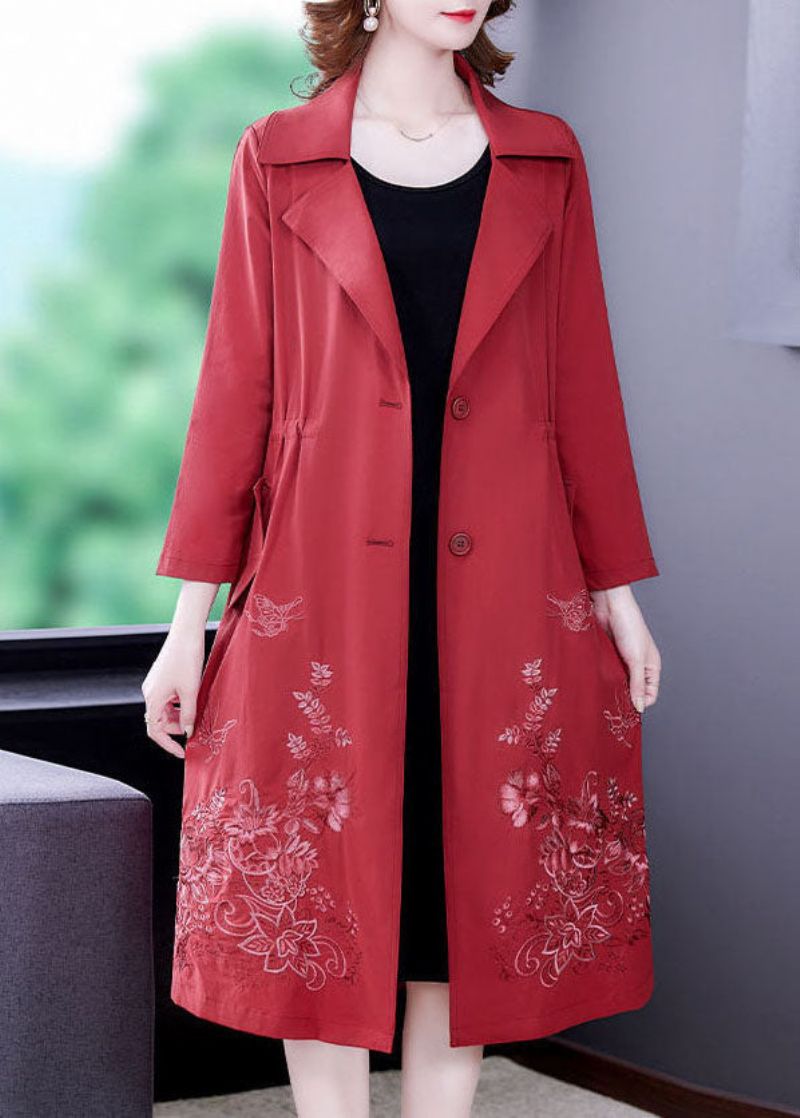 Art Red Ingekerfde Kraag Zakken Spandex Trenchcoat Uitloper Herfst - Rood