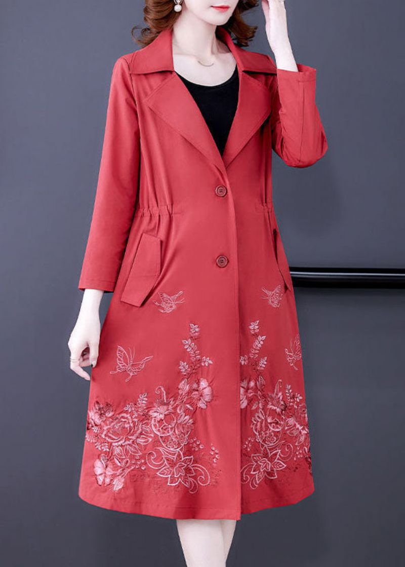 Art Red Ingekerfde Kraag Zakken Spandex Trenchcoat Uitloper Herfst - Rood