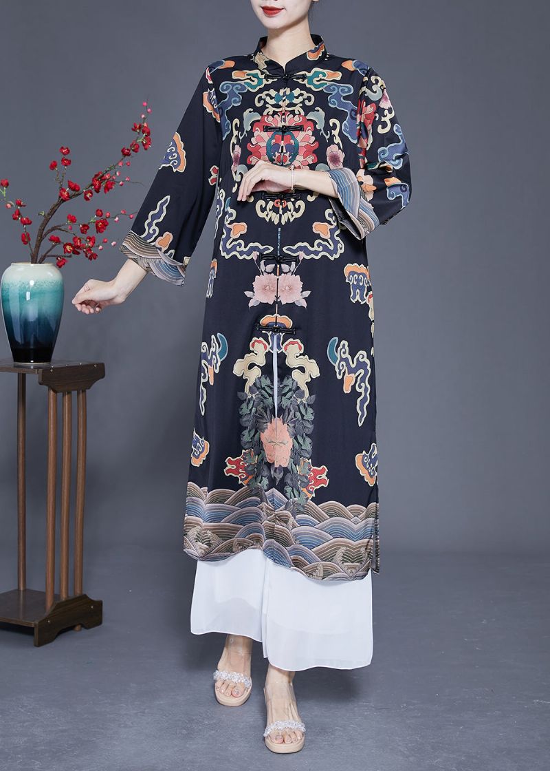 Art Zwart Mandarijn Kraag Chinese Knoop Print Zijden Trenchcoats Lente - Dames trenchcoats