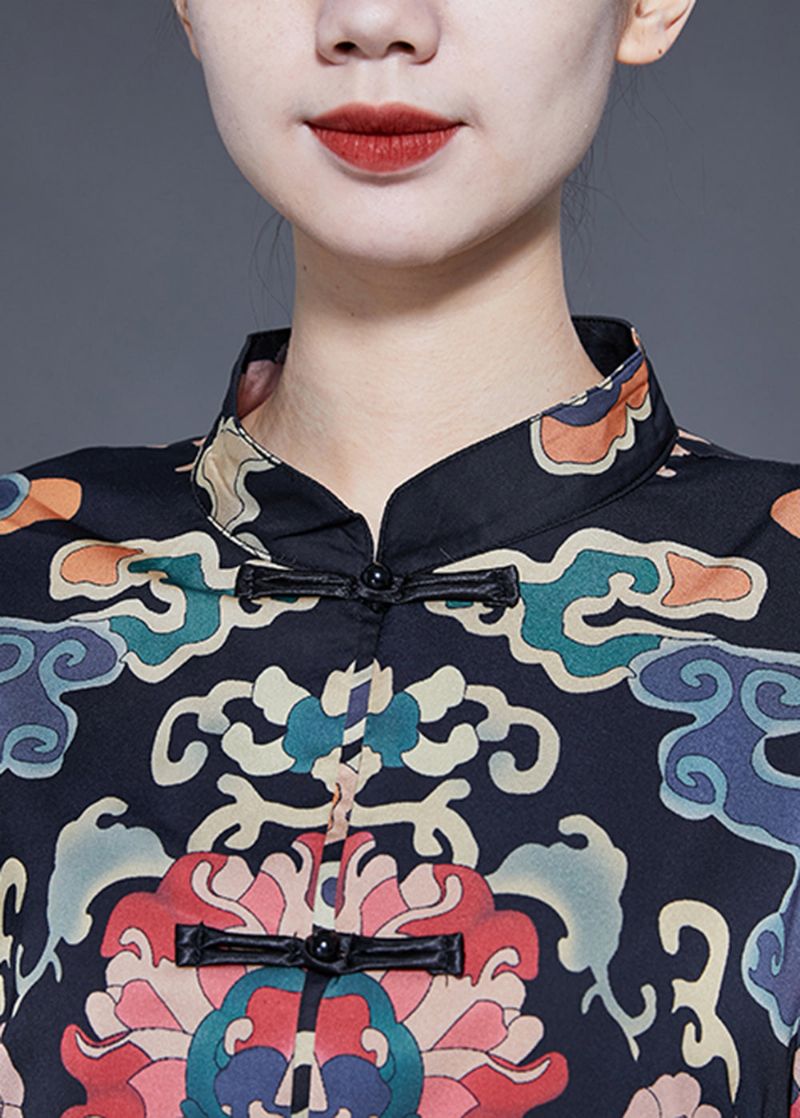 Art Zwart Mandarijn Kraag Chinese Knoop Print Zijden Trenchcoats Lente - Dames trenchcoats