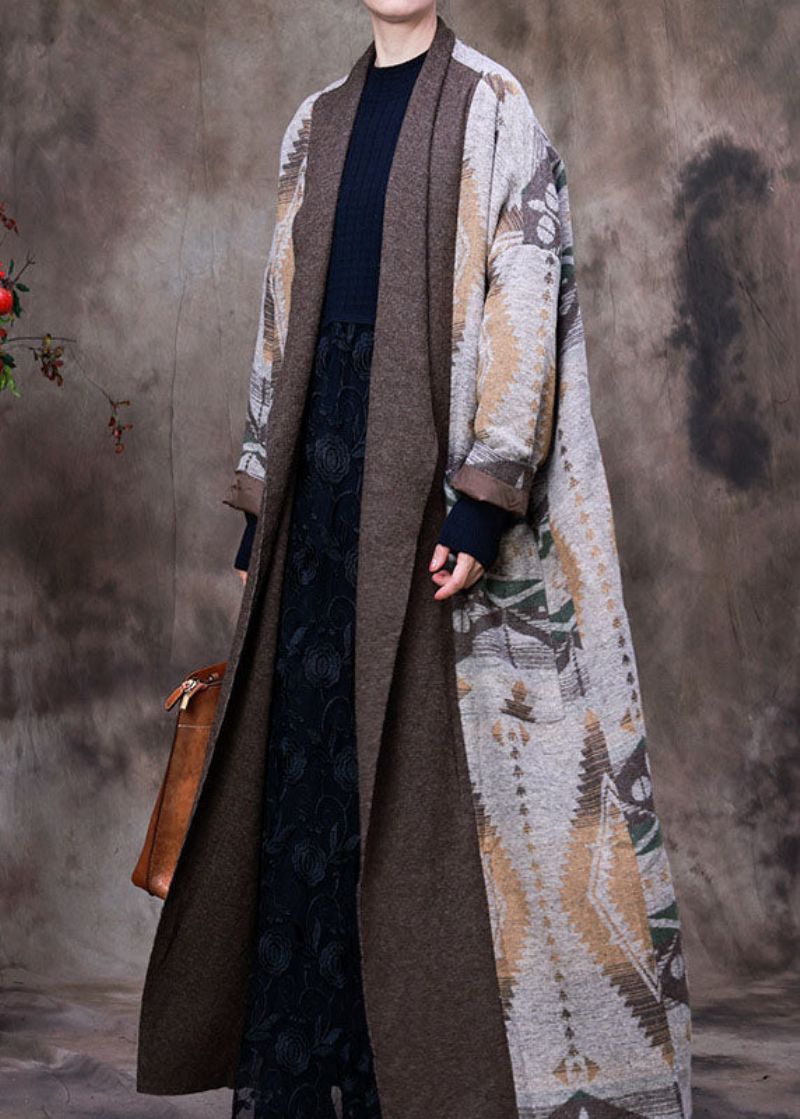 Biologische Chocolade V-hals Print Asymmetrisch Ontwerp Patchwork Herfstwollen Jas Met Lange Mouwen - Dames trenchcoats