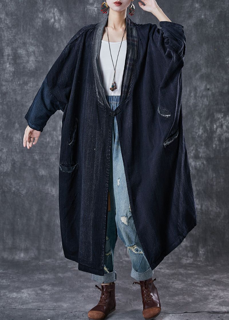 Biologische Marineblauwe Oversized Katoenen Trenchcoats Met Chinese Knopen Lente - Dames trenchcoats