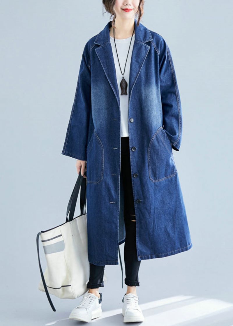 Blauwe Denim Trenchcoats Met Extra Grote Zakken Herfst