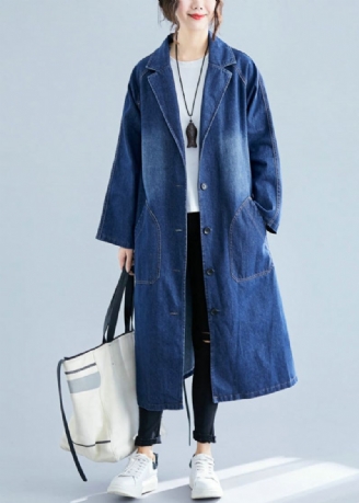 Blauwe Denim Trenchcoats Met Extra Grote Zakken Herfst