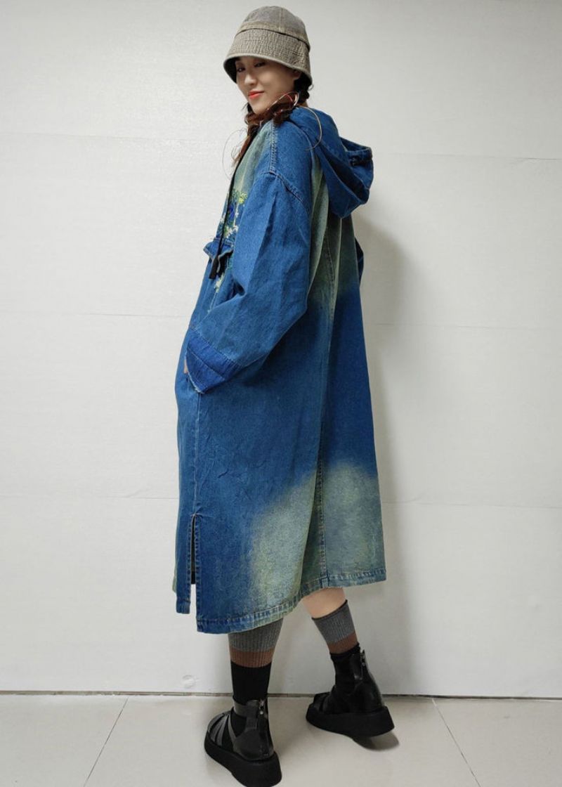 Blauwe Knoopzakken Denim Trenchcoat Geborduurde Lange Mouw - Dames trenchcoats