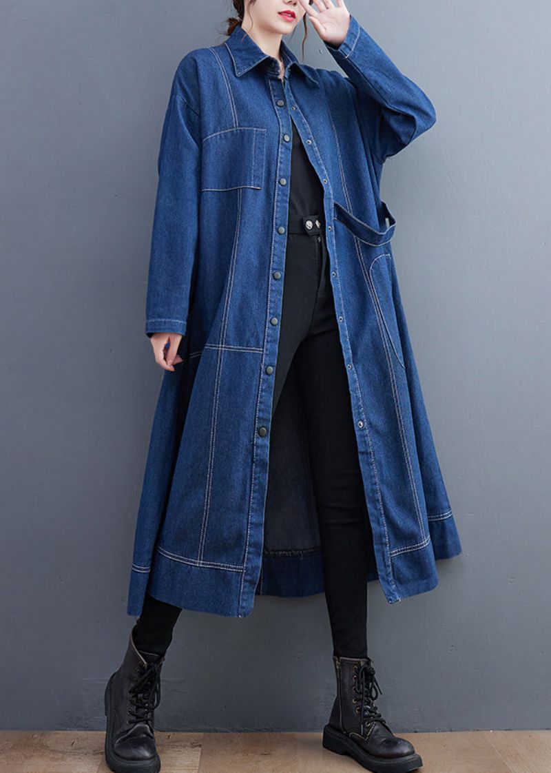 Blauwe Patchwork Denim Lange Trenchcoat Peter Pan Kraag Mouw