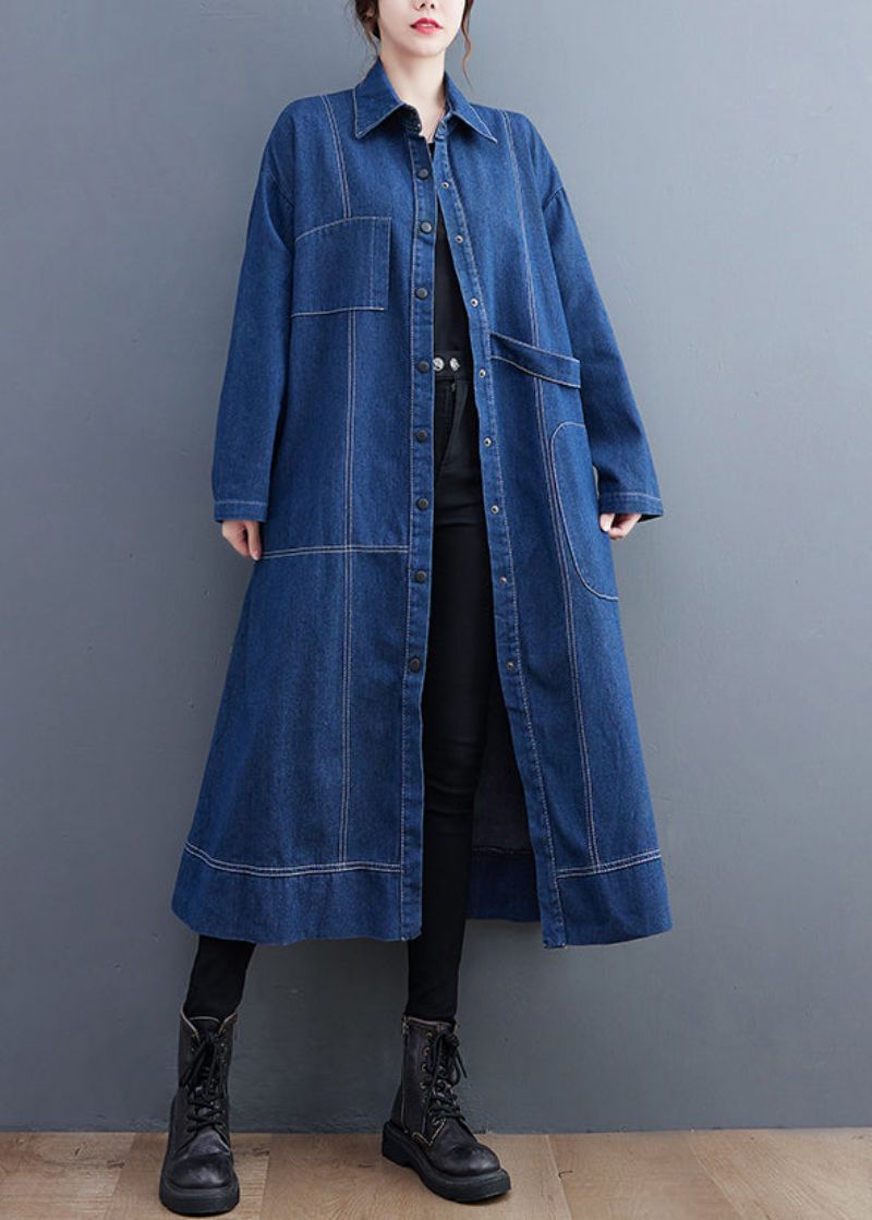 Blauwe Patchwork Denim Lange Trenchcoat Peter Pan Kraag Mouw - Dames trenchcoats