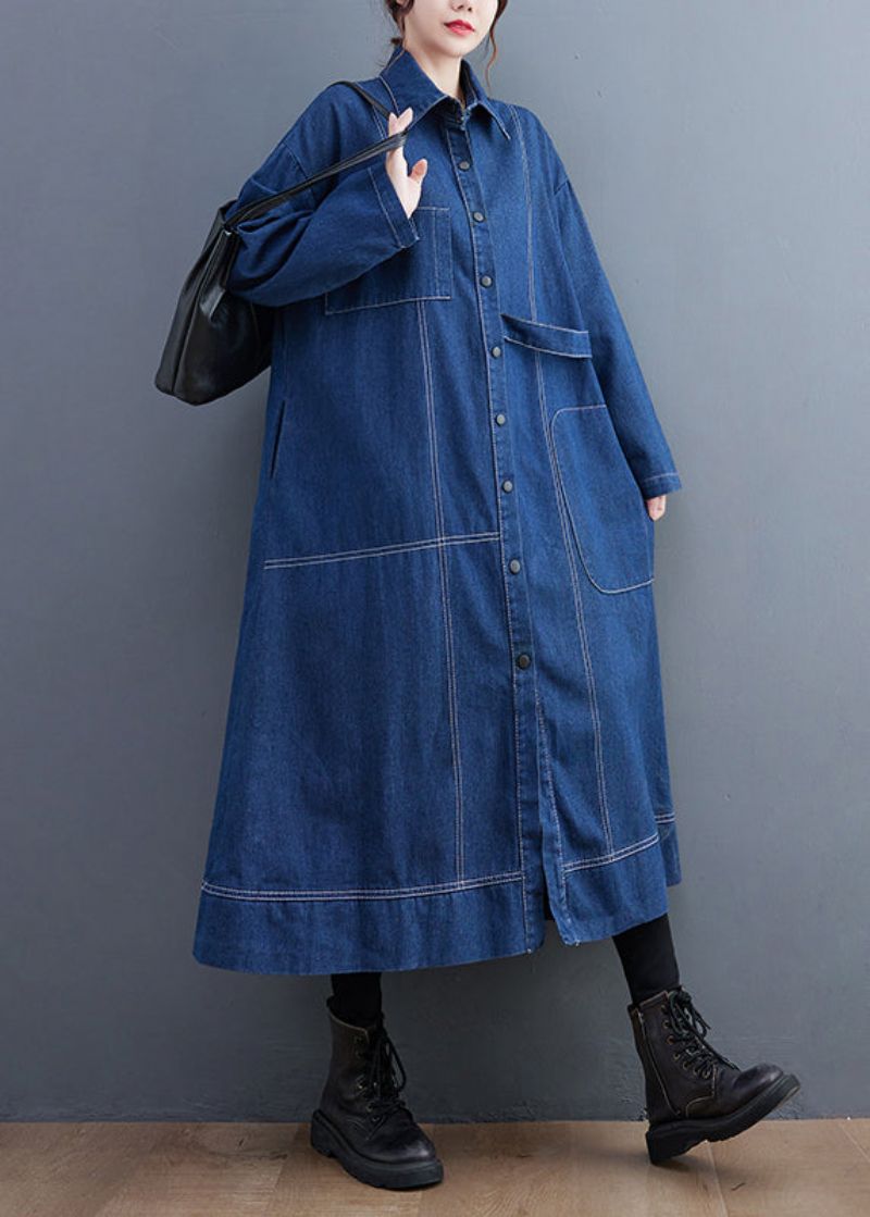 Blauwe Patchwork Denim Lange Trenchcoat Peter Pan Kraag Mouw - Dames trenchcoats