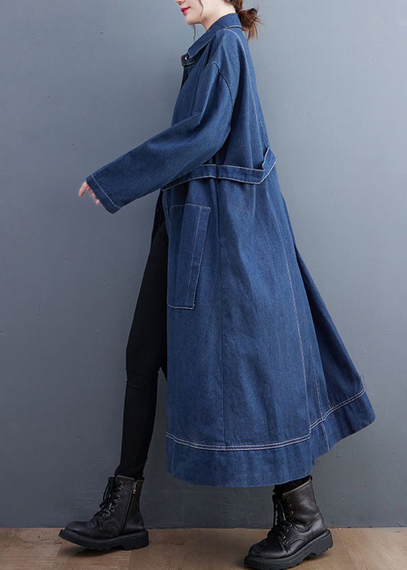 Blauwe Patchwork Denim Lange Trenchcoat Peter Pan Kraag Mouw - Dames trenchcoats