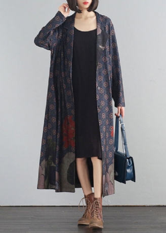 Blauwe V-hals Print Knop Lange Trenchcoats Herfst