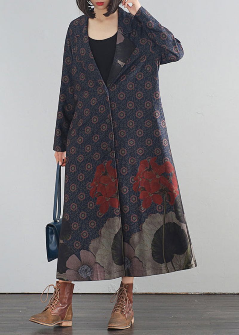 Blauwe V-hals Print Knop Lange Trenchcoats Herfst - Blauw